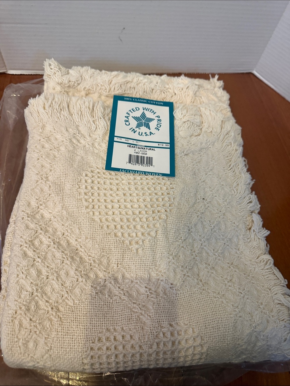 VTG The Rug Barn Hearts Natural Cotton Woven Throw Blanket 46x67 NWT